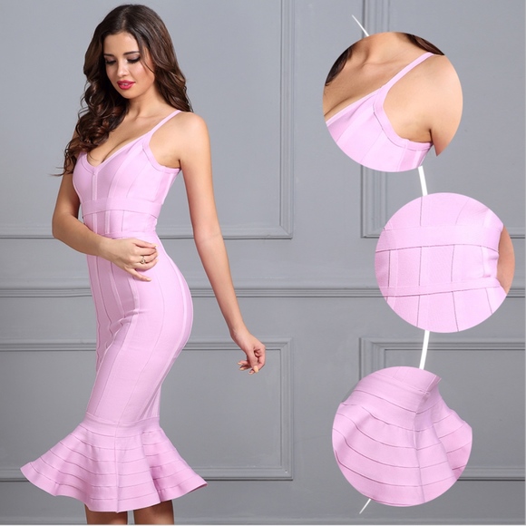Bandage V-Neck Midi Mermaid Dress in Lilac Pink - Picture 4 of 12